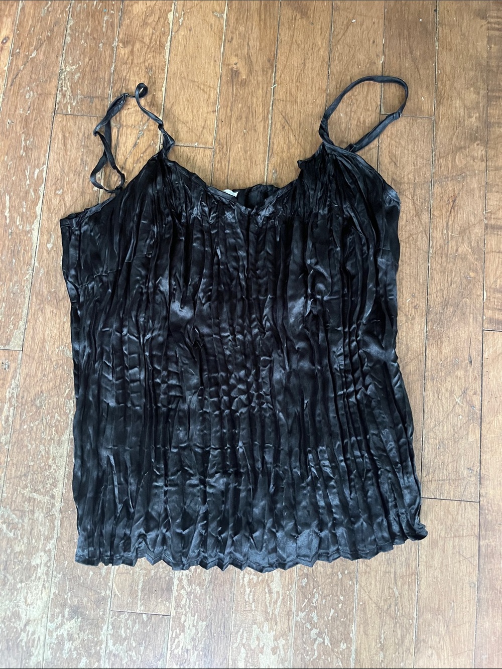 Black Pleated Satin Camisole with Adjustable Straps